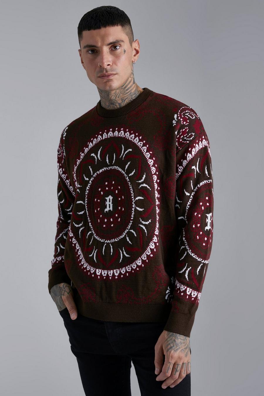 Chocolate brown Mandala Oversized Knitted Jumper image number 1