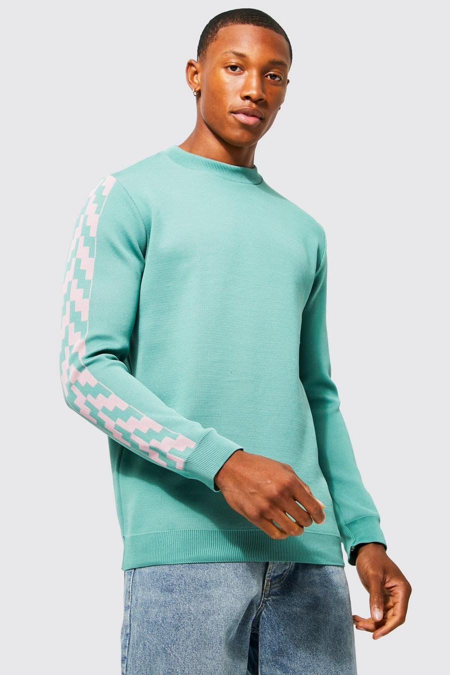 Pullover in maglia con motivi geometrici squadrati e striscia, Green image number 1