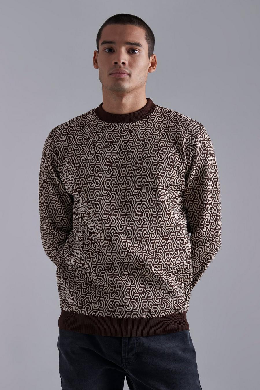 Taupe Smart All Over Geo Knitted Jumper image number 1