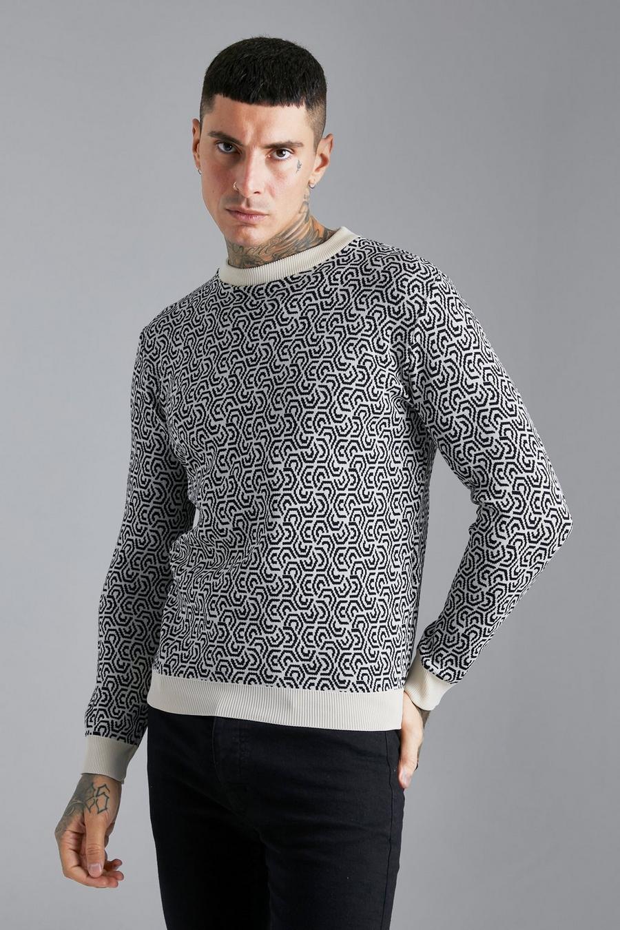 Pullover Smart in maglia a motivi geometrici all over, Ecru image number 1