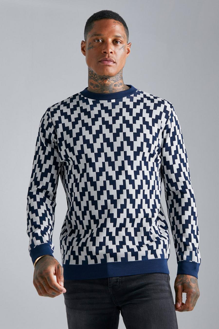 Pullover Smart in maglia con motivi geometrici quadrati, Navy azul marino
