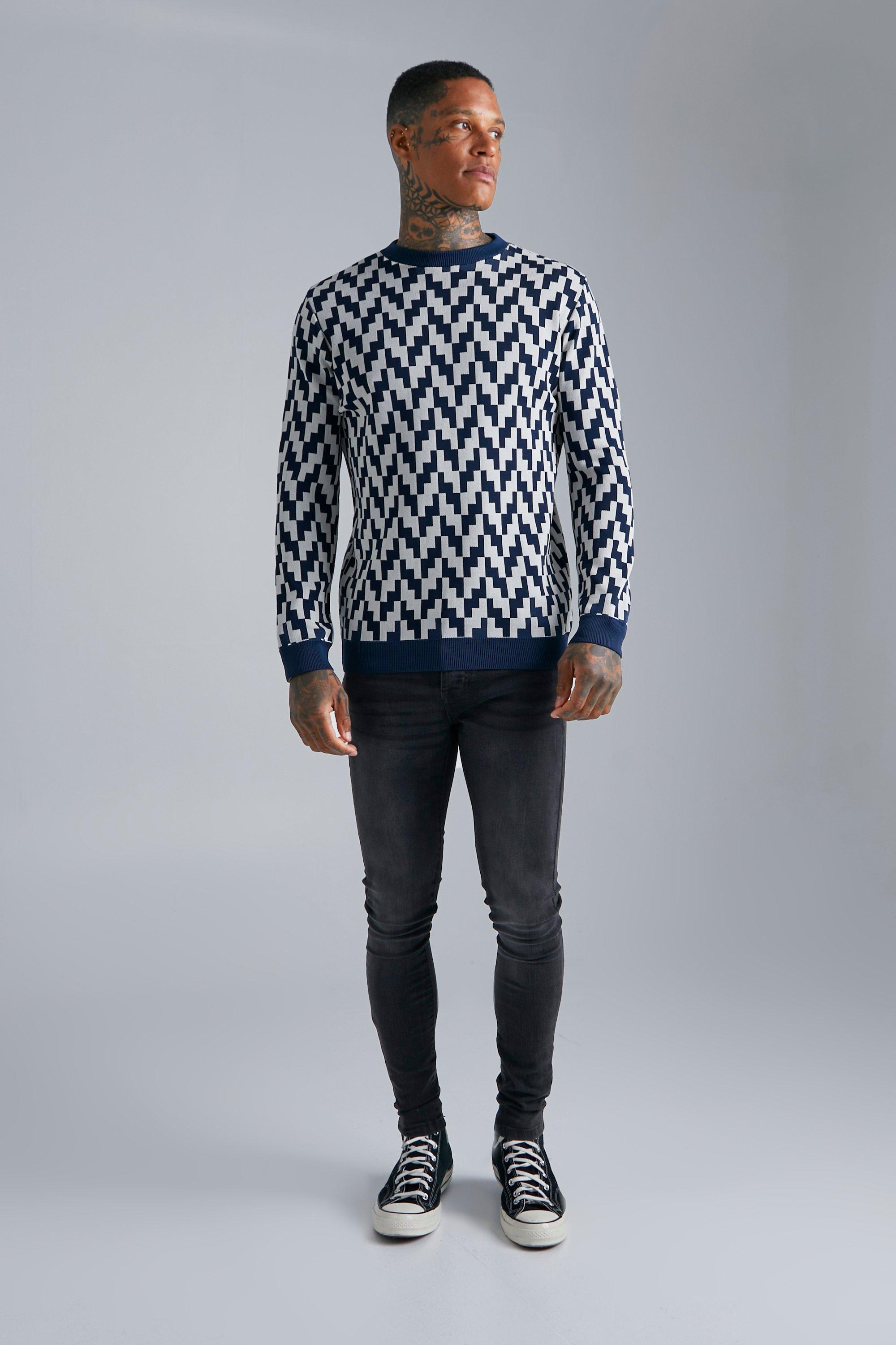 Men s Geo Square Smart Knitted Jumper Boohoo UK