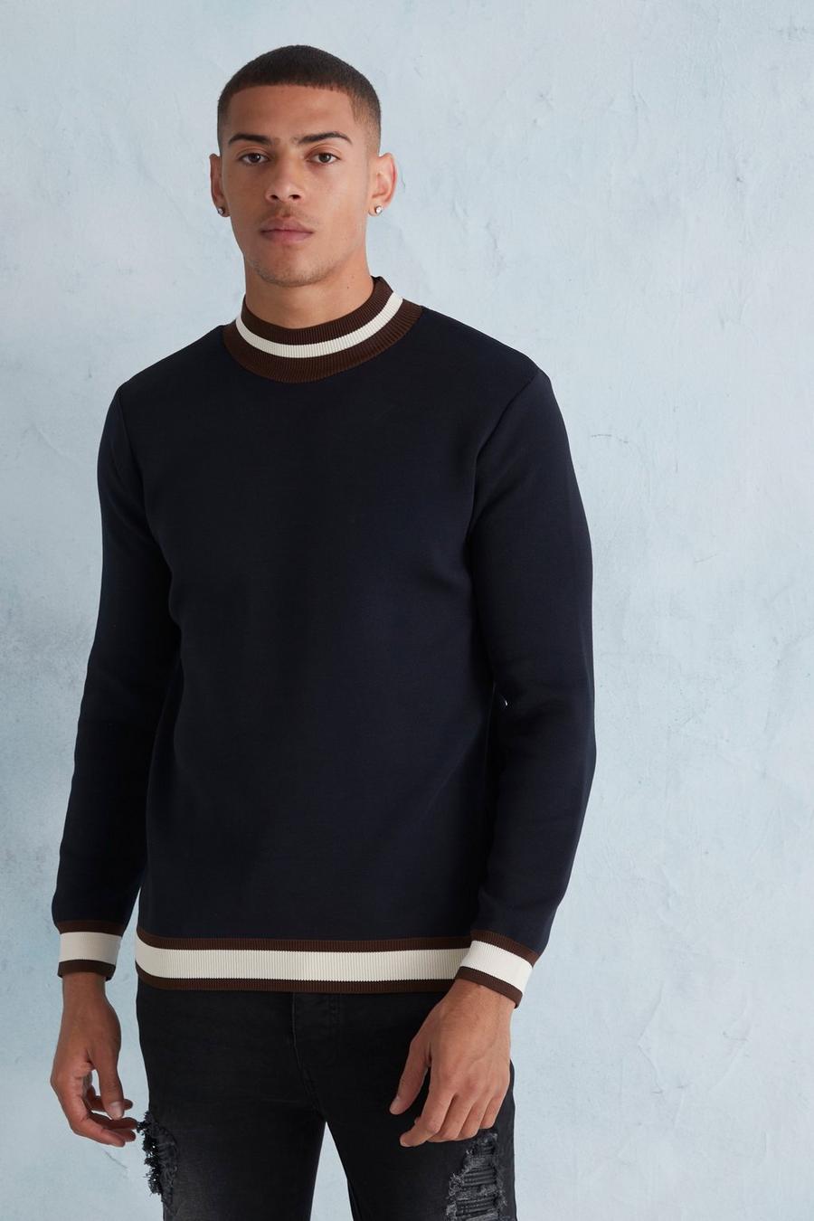 Navy Extended Neck Contrast Smart Knitted Jumper