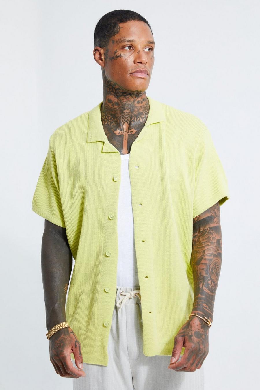 Pale green grön Short Sleeve Knitted Pleated Revere Shirt 