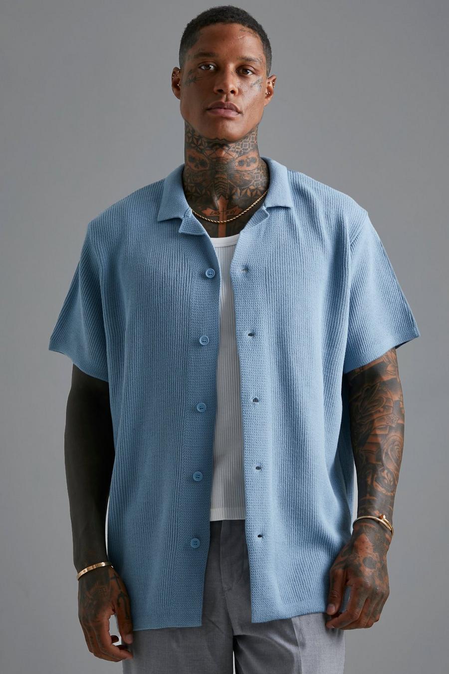 Dusty blue Short Sleeve Knitted Pleated Revere Shirt  image number 1