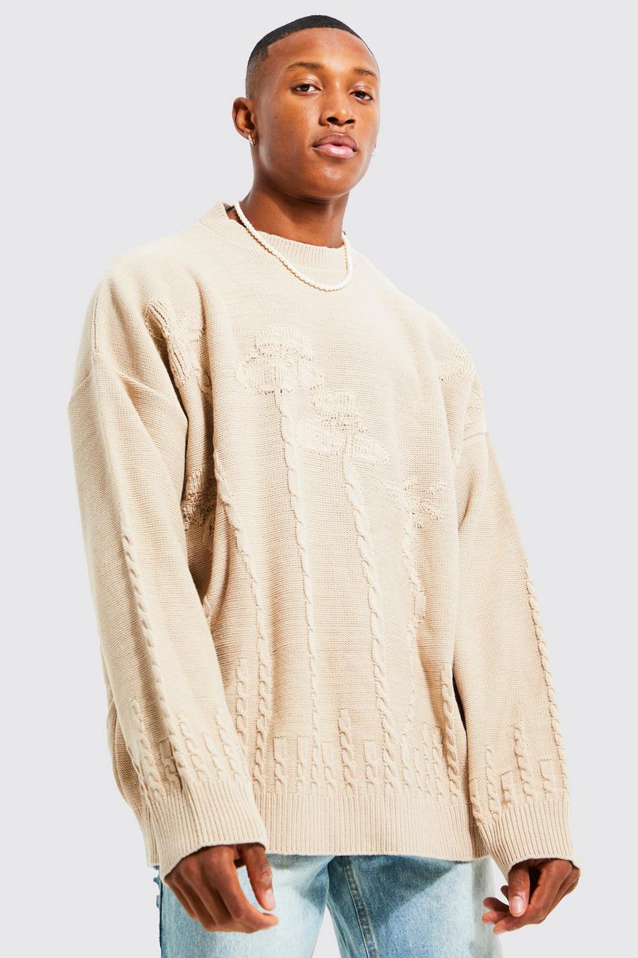 Oversize Zopfmuster-Pullover, Stone image number 1
