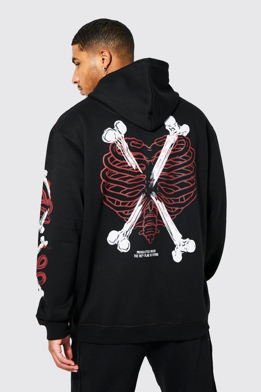 Tall Oversized Skeleton Heart Graphic Hoodie, Black nero