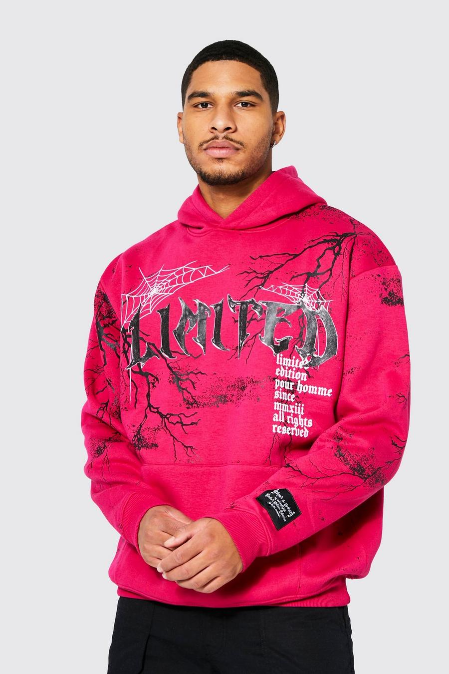 Pink Tall Oversized Skull Graphic Hoodie image number 1