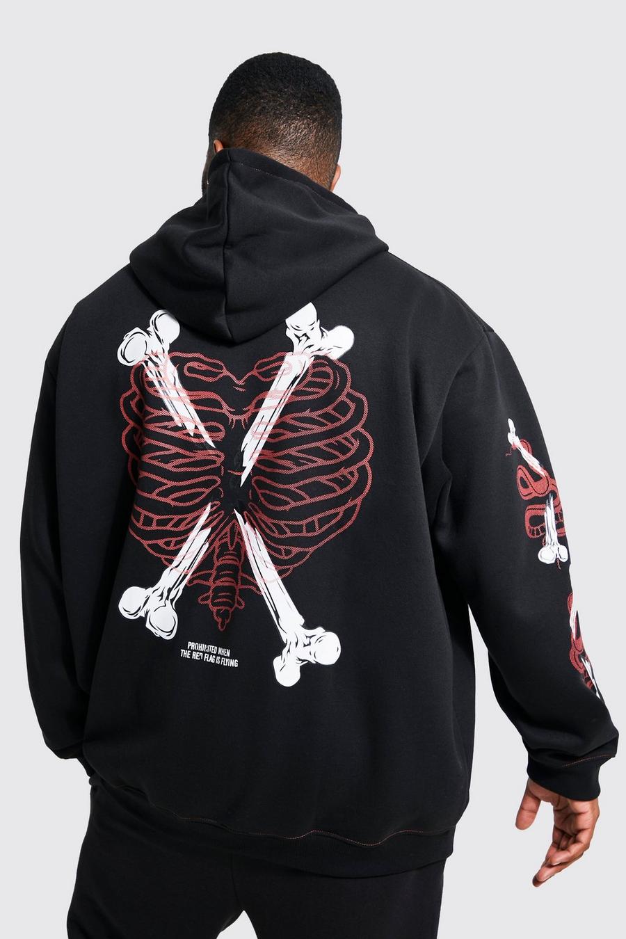 Black Plus Oversized Skeleton Heart Graphic Hoodie image number 1