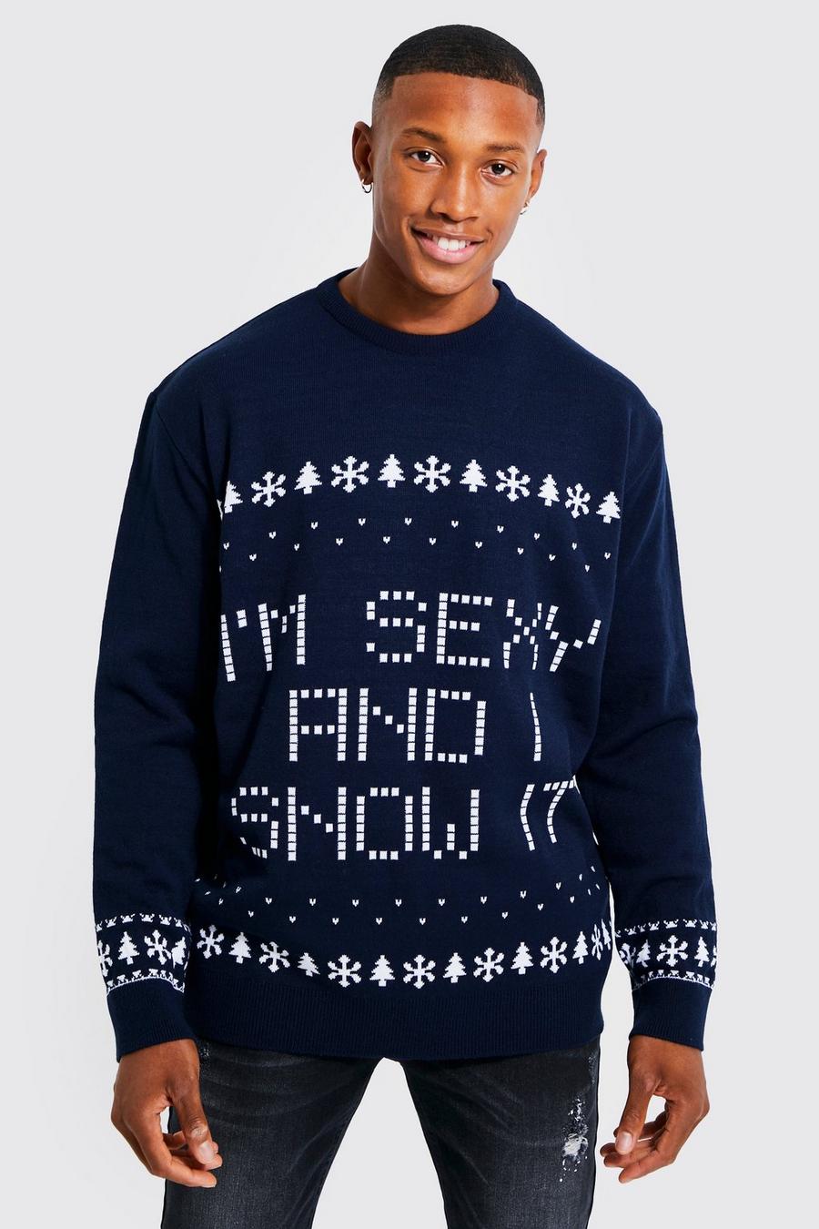 Pull de Noël à slogan I’m Sexy And I Snow It, Navy image number 1