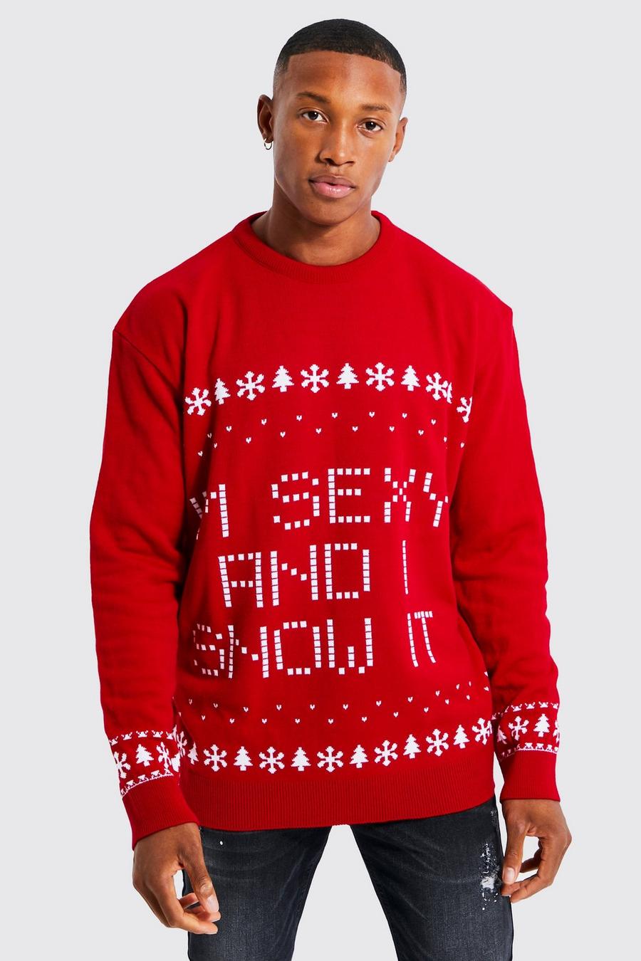 Pullover natalizio con slogan I'm Sexy And I Snow It, Red