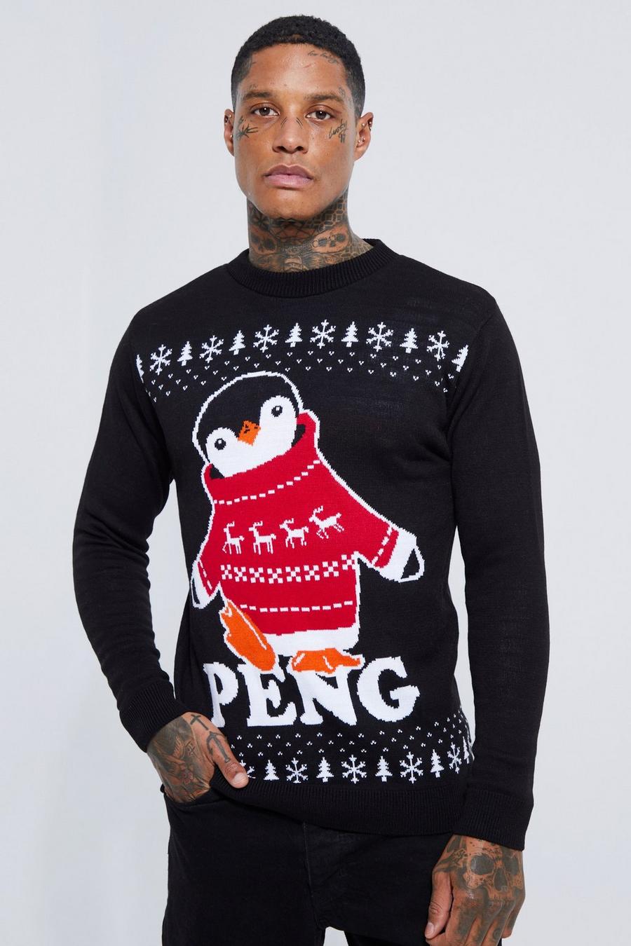שחור סוודר לחג המולד עם עיטור פינגווין Peng