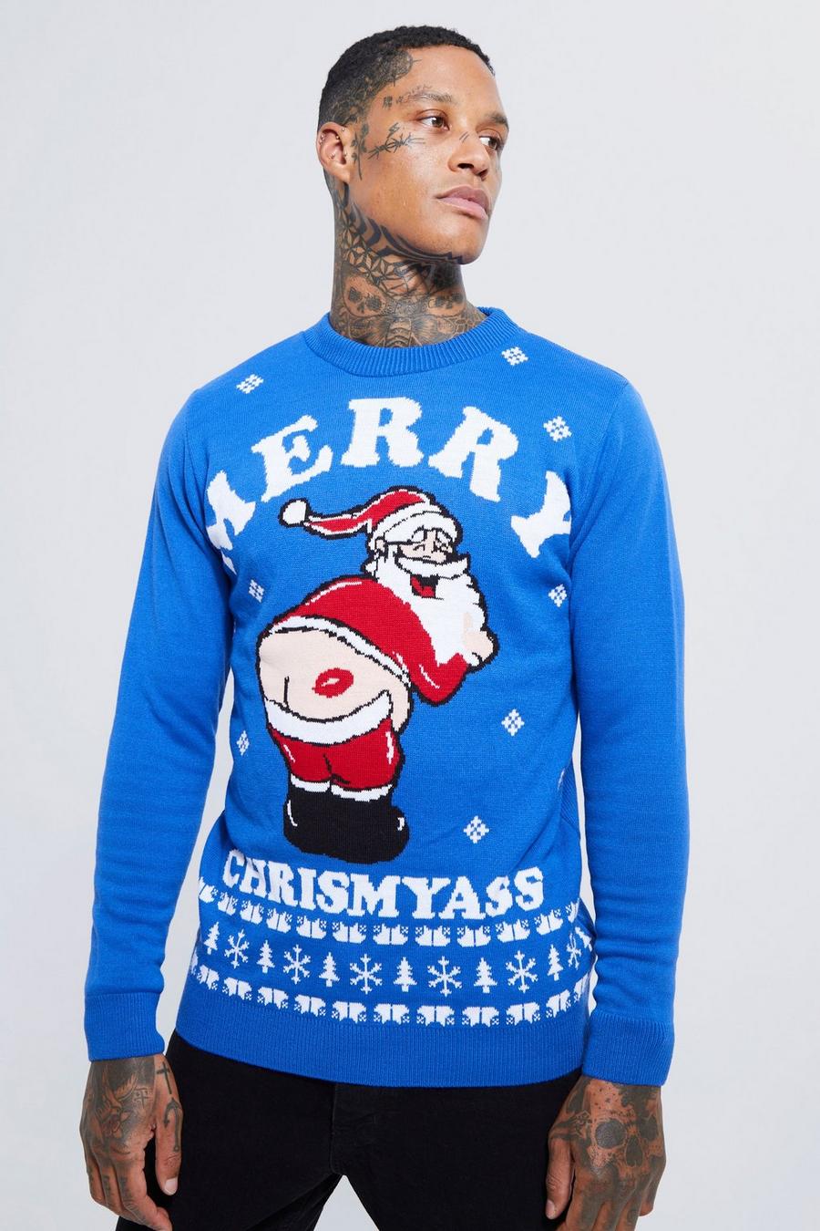Maglione natalizio con slogan Merry Chrismyass, Blue image number 1