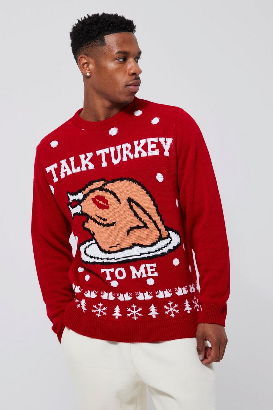 אדום סוודר לחג המולד עם כיתוב Talk Turkey To Me