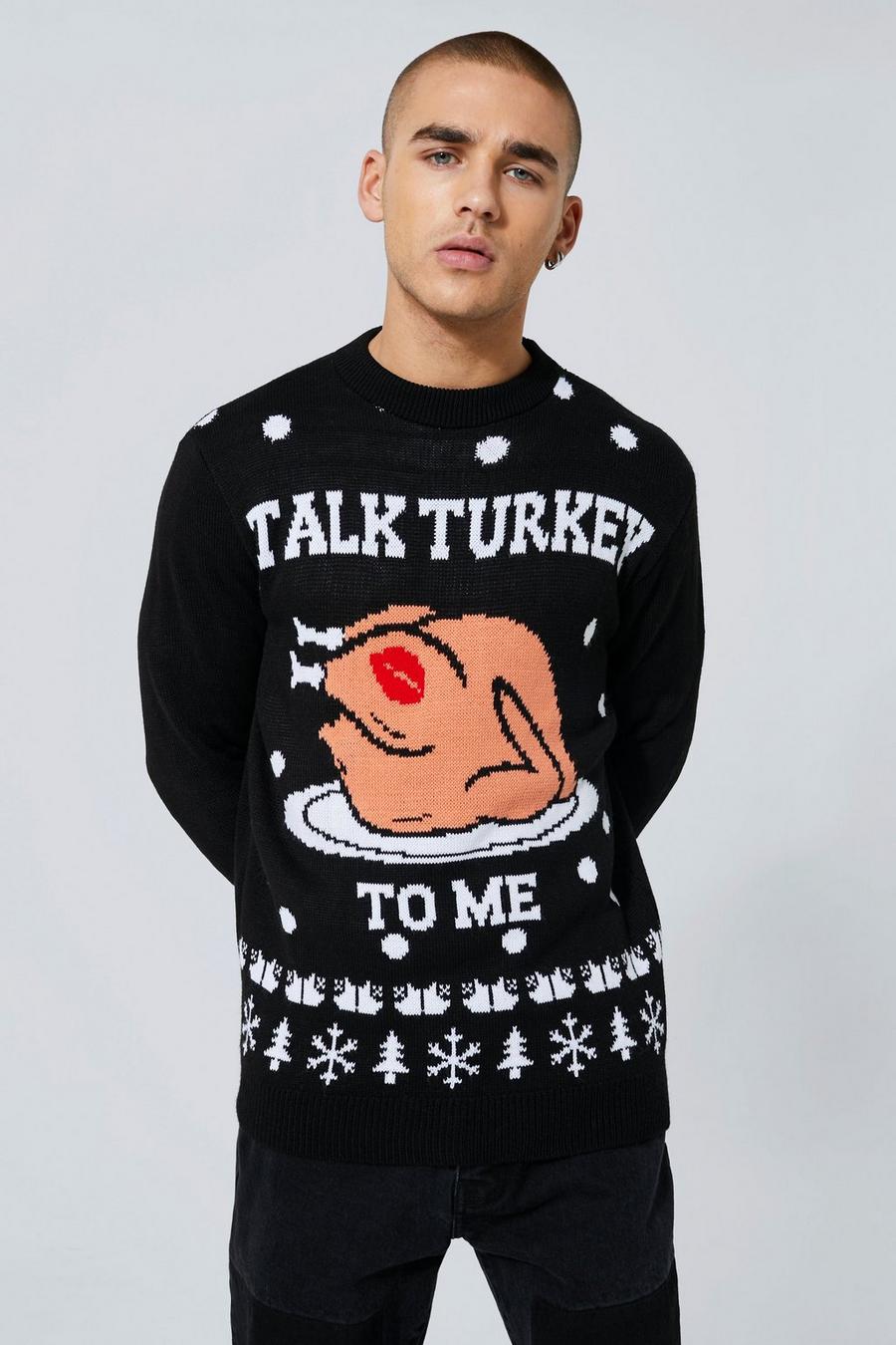 שחור סוודר לחג המולד עם כיתוב Talk Turkey To Me