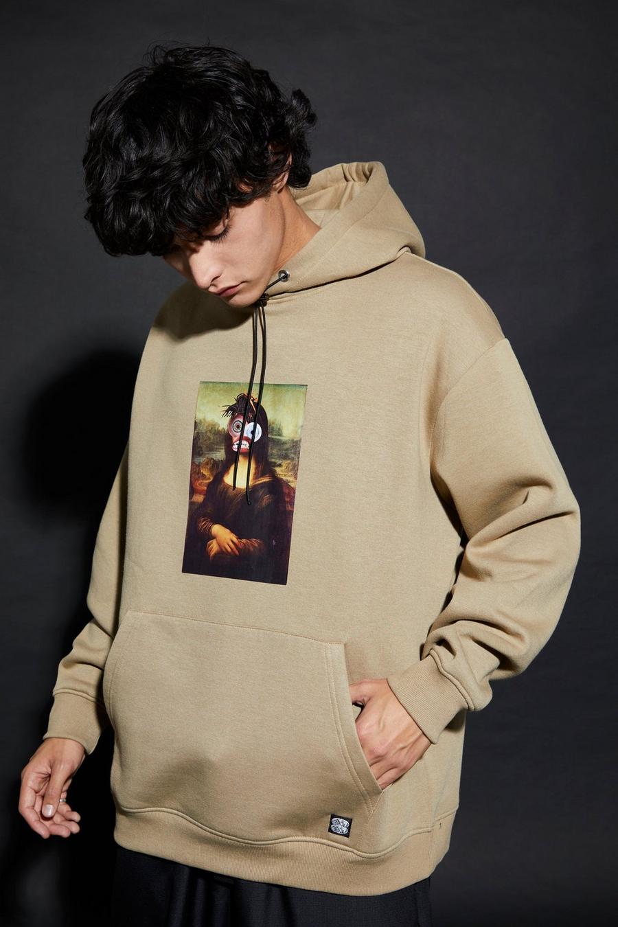 Taupe Oversized Mona Lisa Graphic Hoodie image number 1