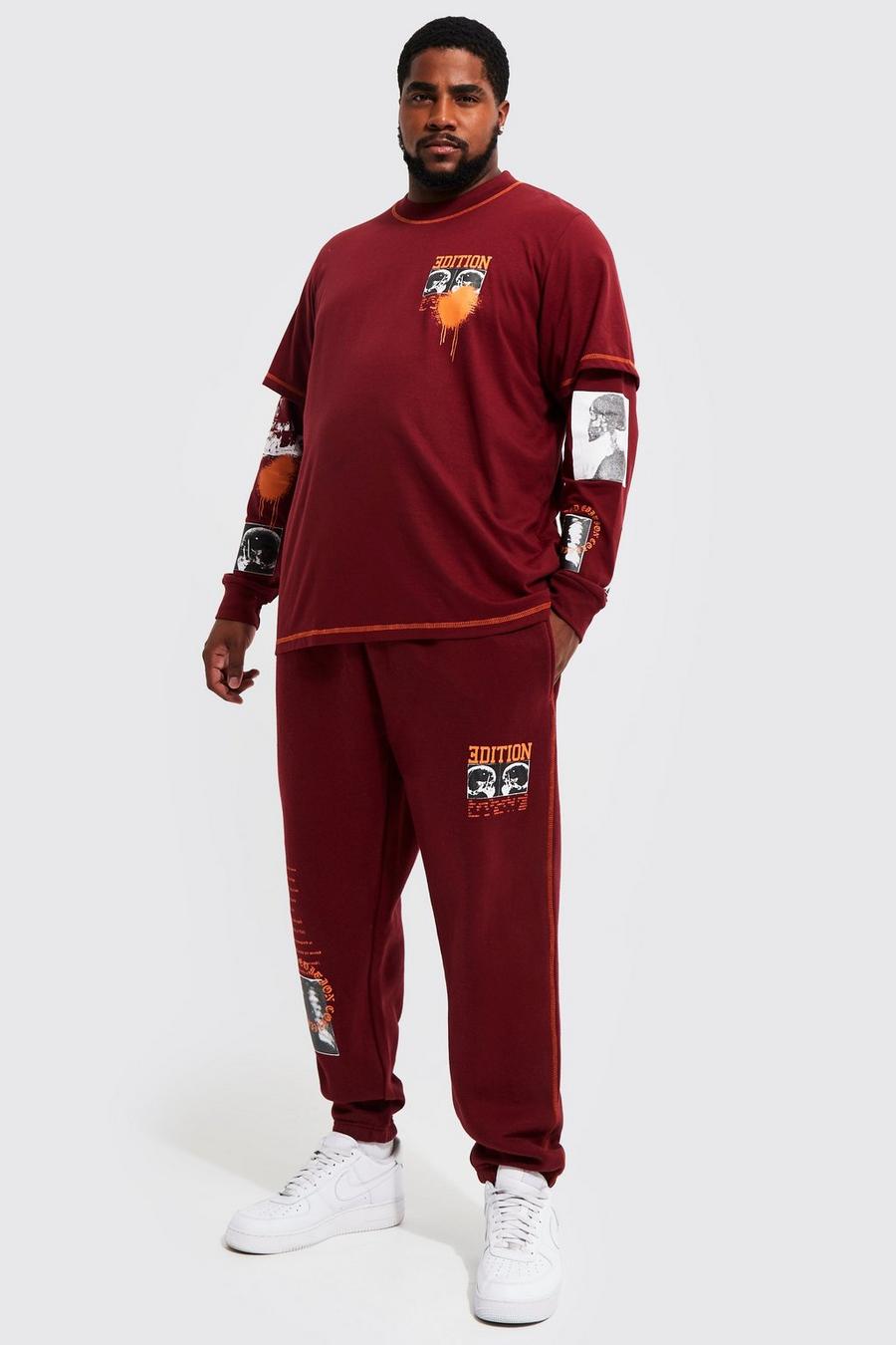 Burgundy red Plus Regular Faux Layer Photoprint Tracksuit
