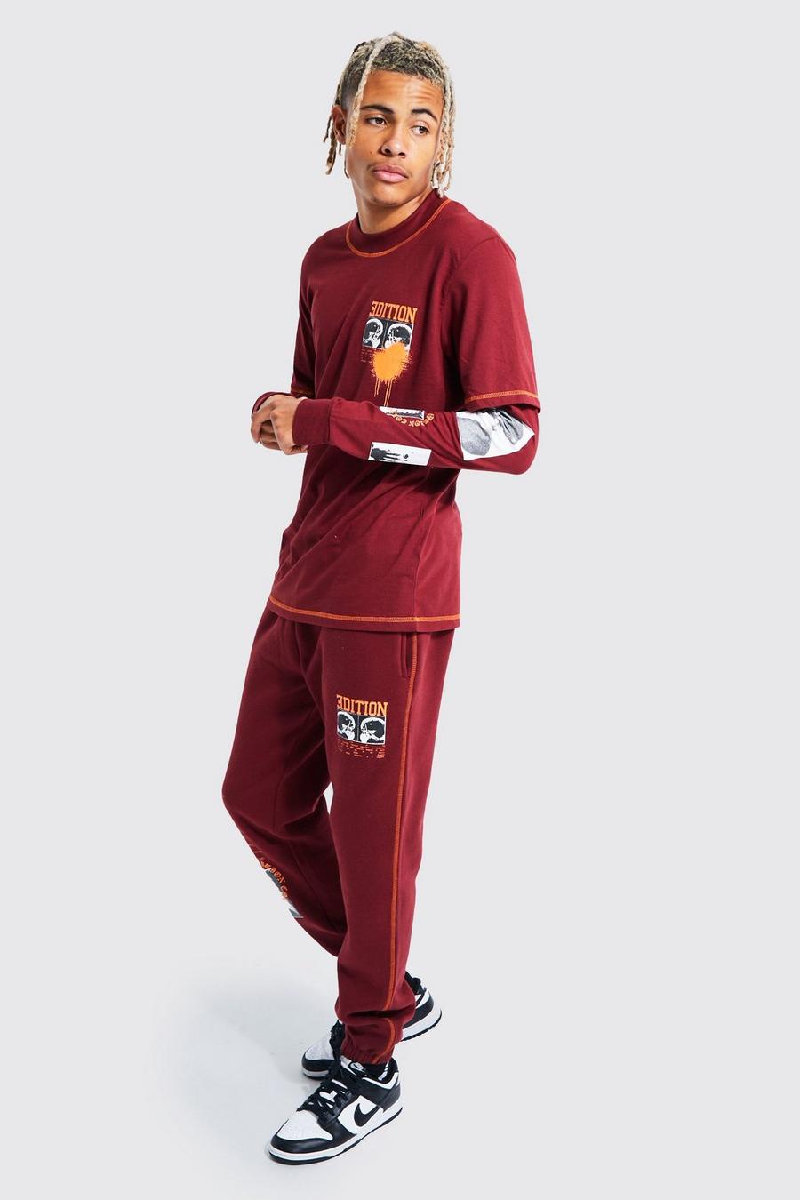 Burgundy Tall Regular Faux Layer Photoprint Tracksuit image number 1
