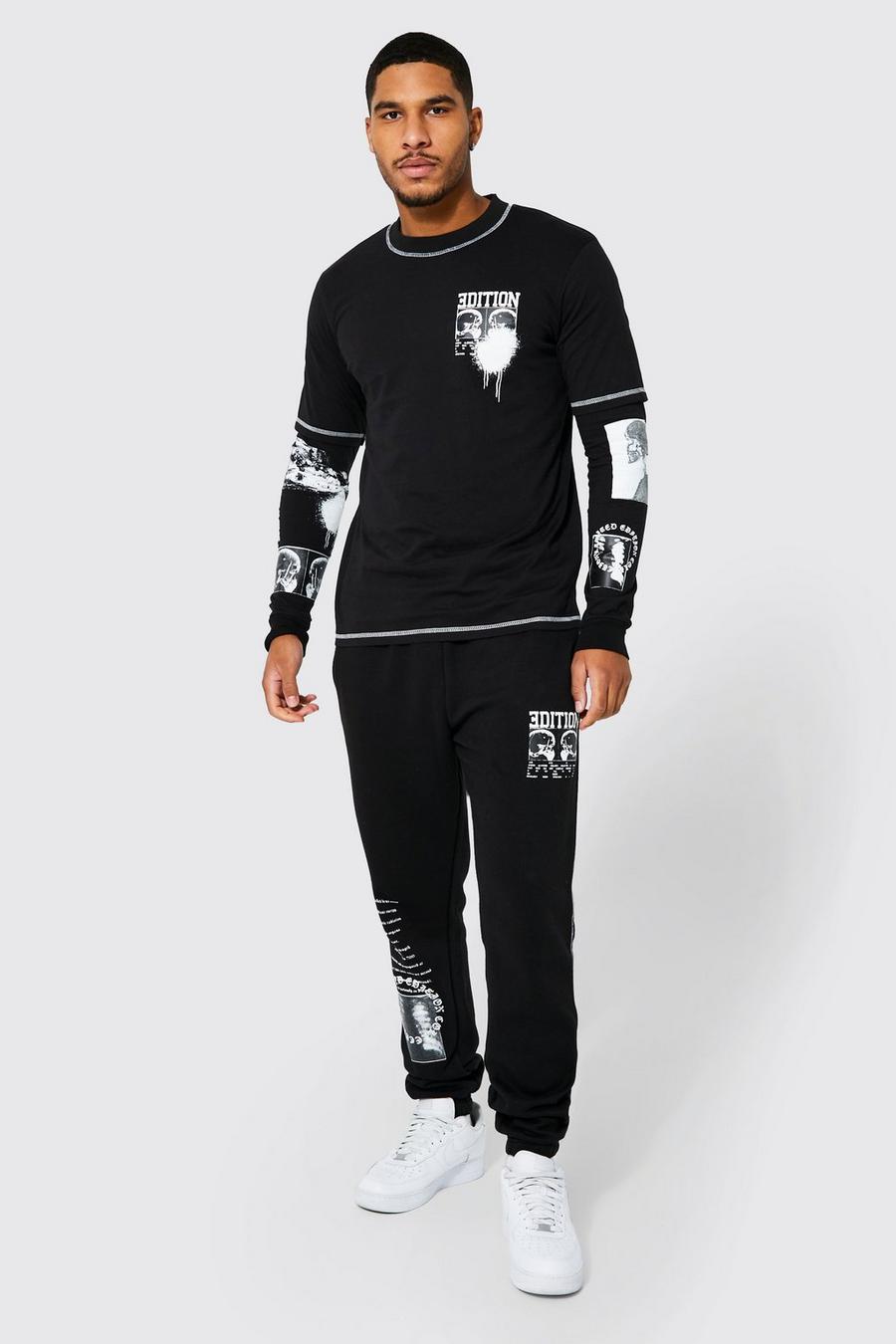 Black Tall Regular Faux Layer Photoprint Tracksuit image number 1