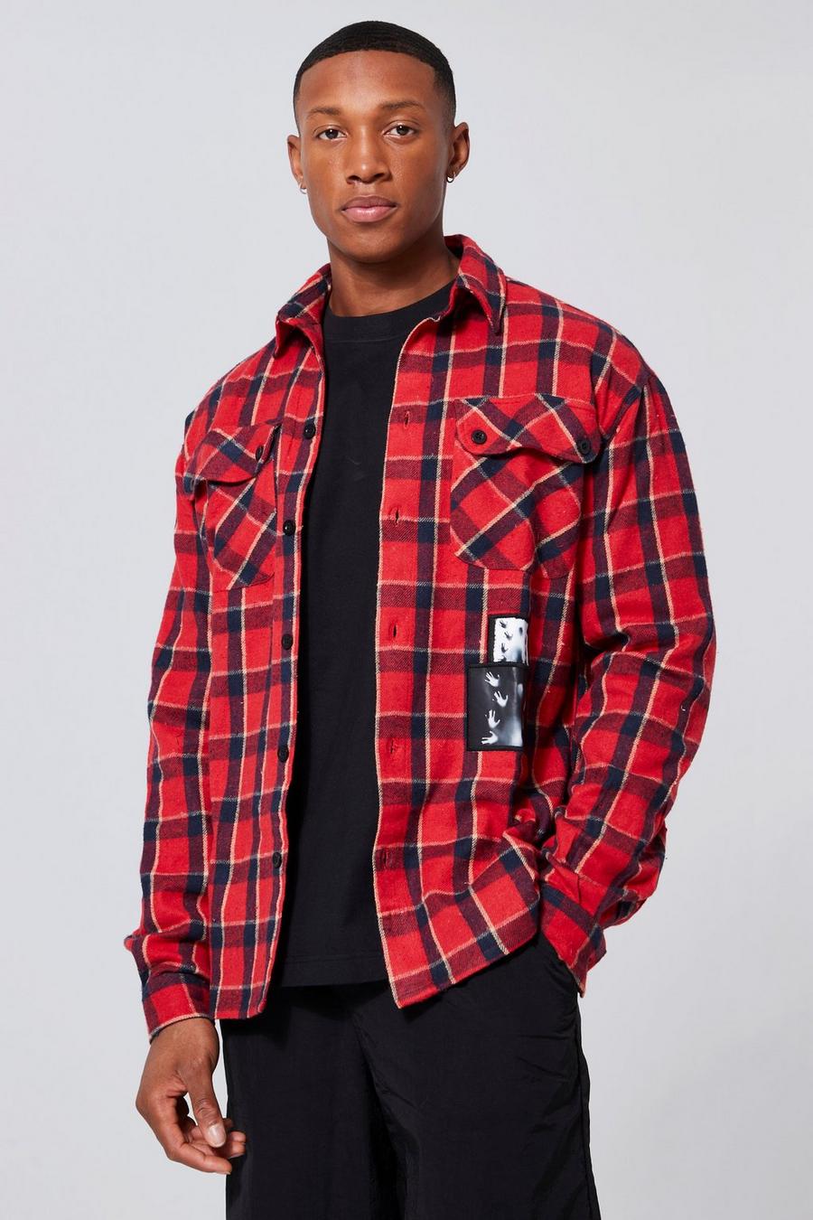 Red Oversized Limited Print Patch Check Shirt image number 1