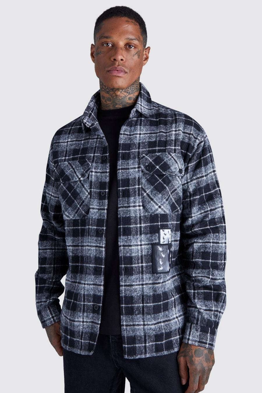 Black Oversized Limited Print Patch Check Shirt