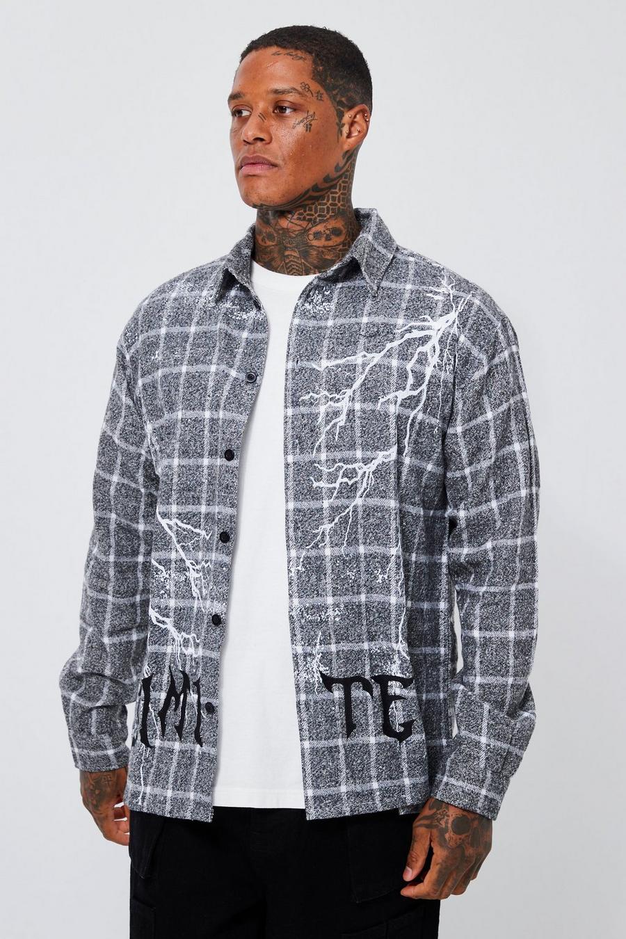 Grey Oversized Skull Lightning Print Check Shirt image number 1