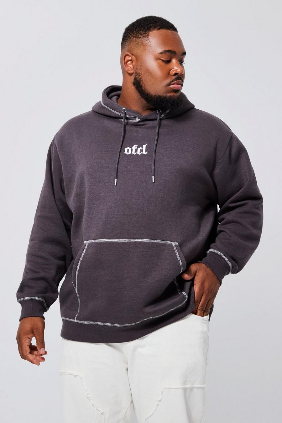 Dark grey Plus Loose Fit Ofcl Contrast Stitch Hoodie image number 1