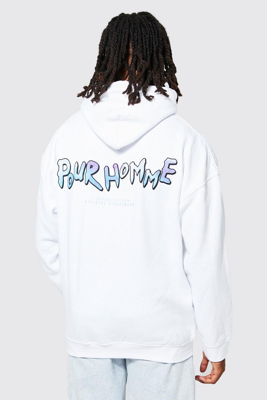 White Oversized Pour Homme Graphic Hoodie image number 1