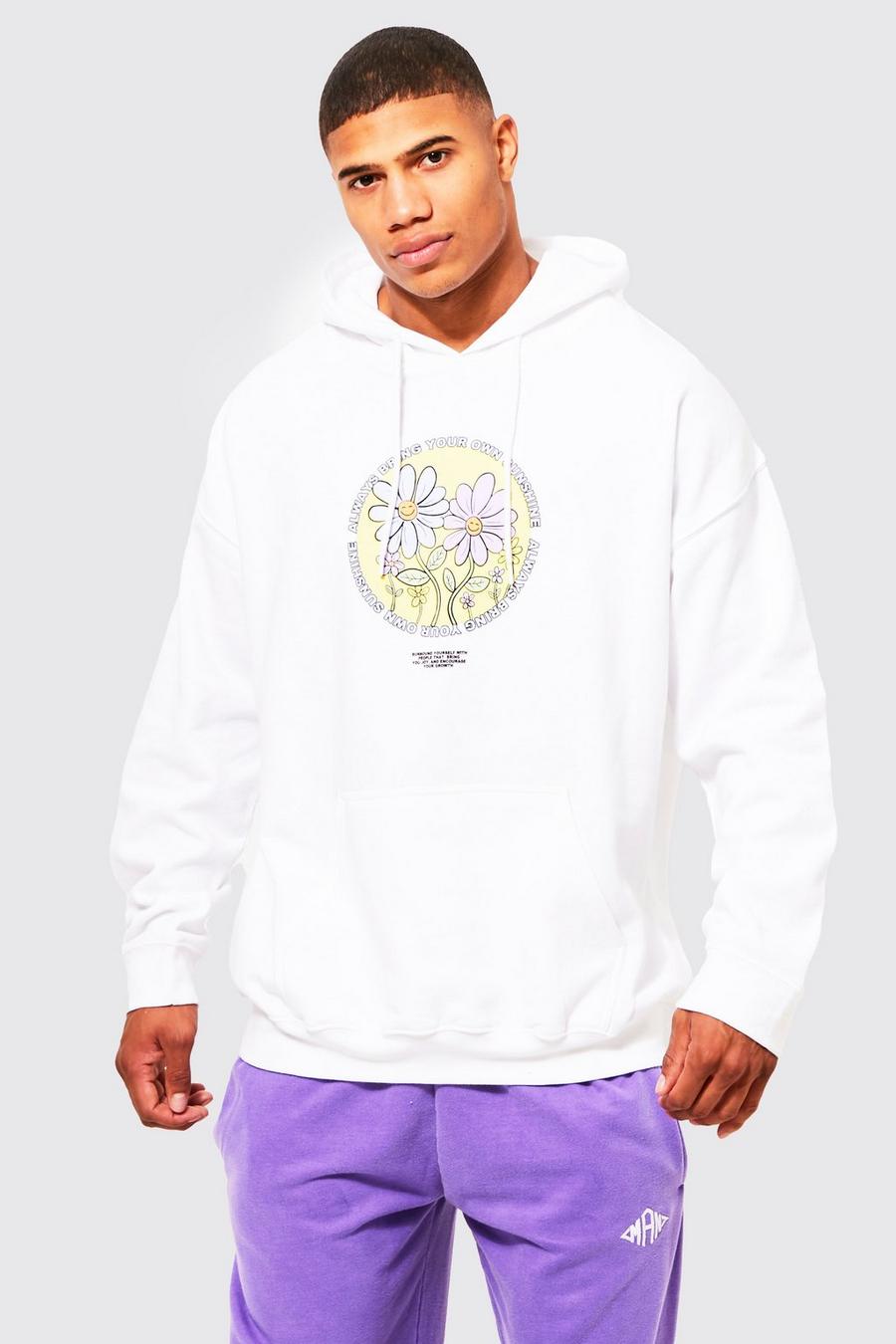 White Oversized Floral Graphic Hoodie image number 1