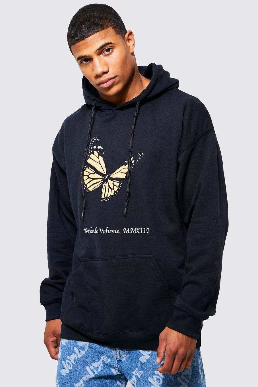 Black Oversized Butterfly Graphic Hoodie image number 1