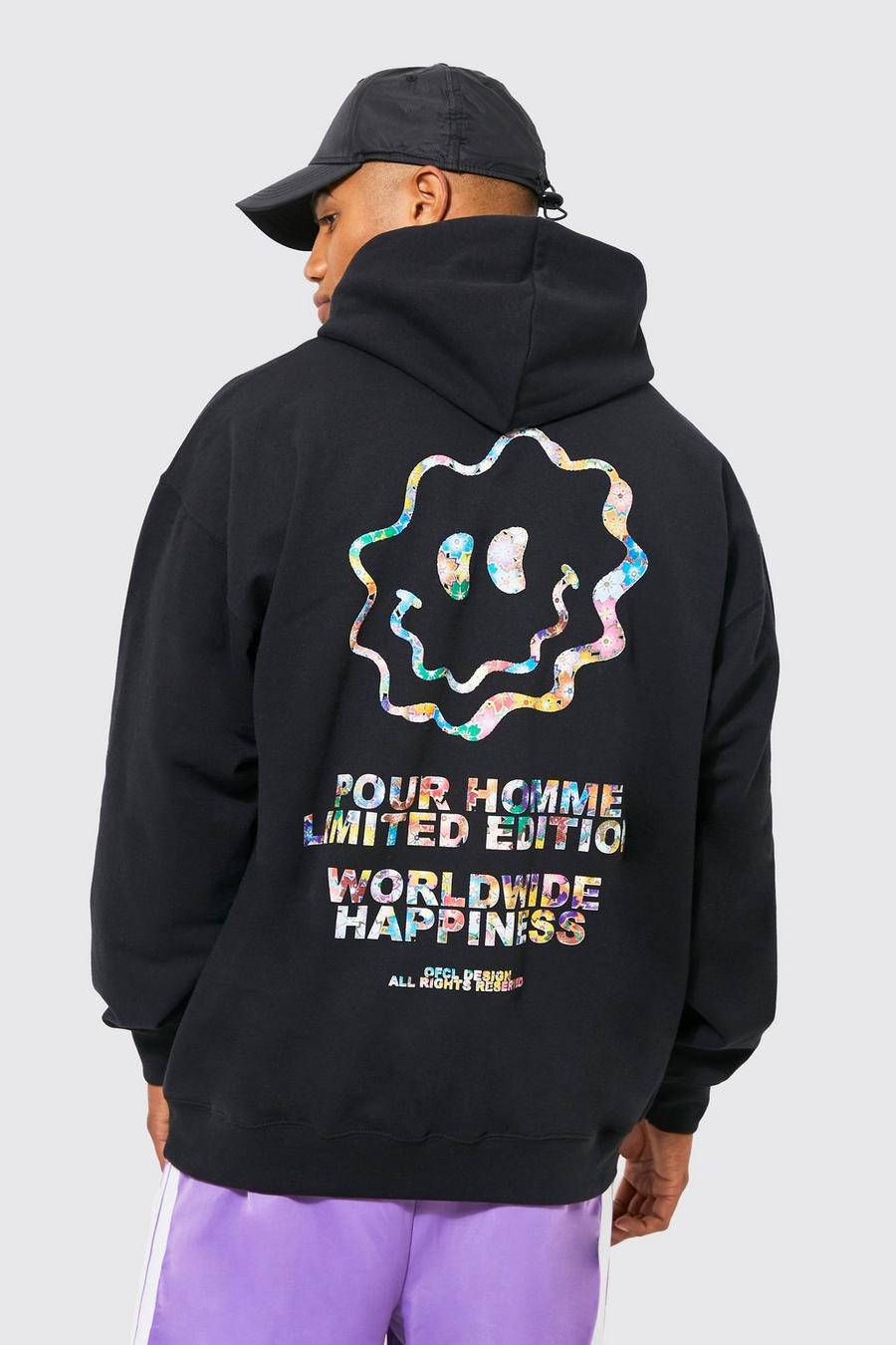 Black Oversized Schets Smiley Hoodie Met Print image number 1