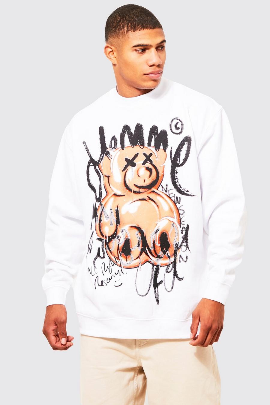 Oversize Sweatshirt mit Graffiti Teddy Print, White image number 1