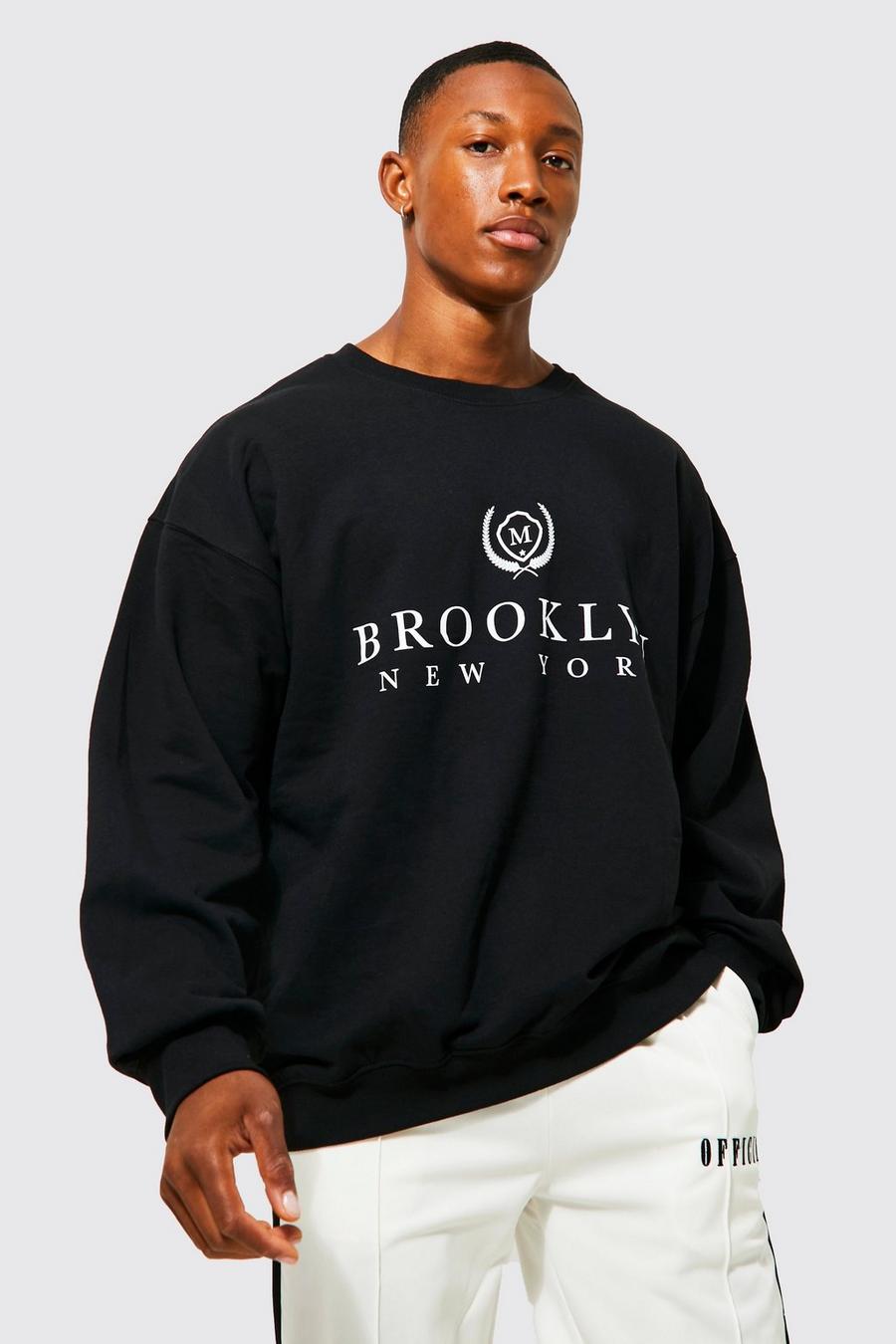 Sudadera oversize con estampado gráfico universitario de Brooklyn, Black image number 1
