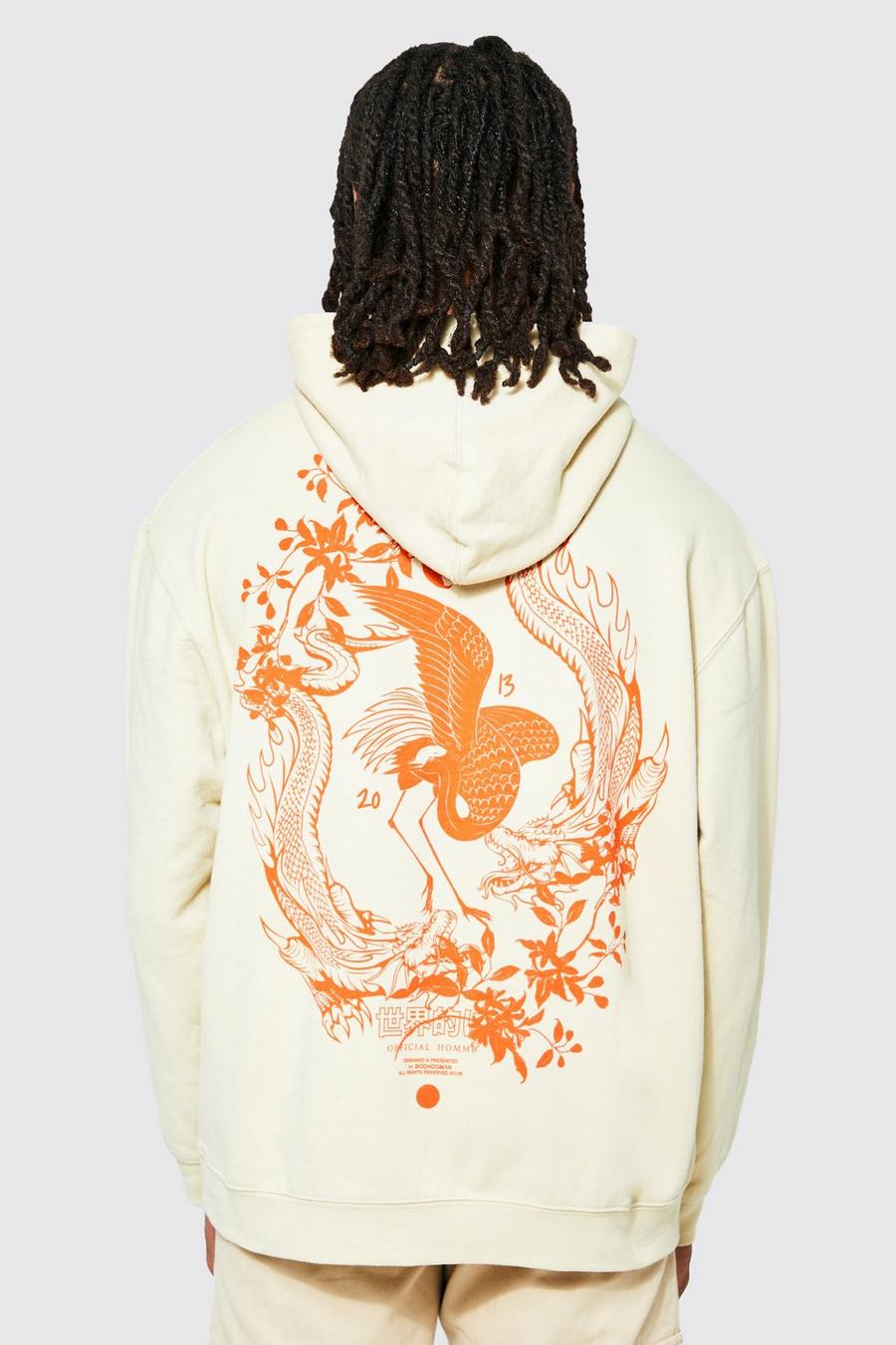 Sand Oversized Floral Dragon Graphic Hoodie image number 1