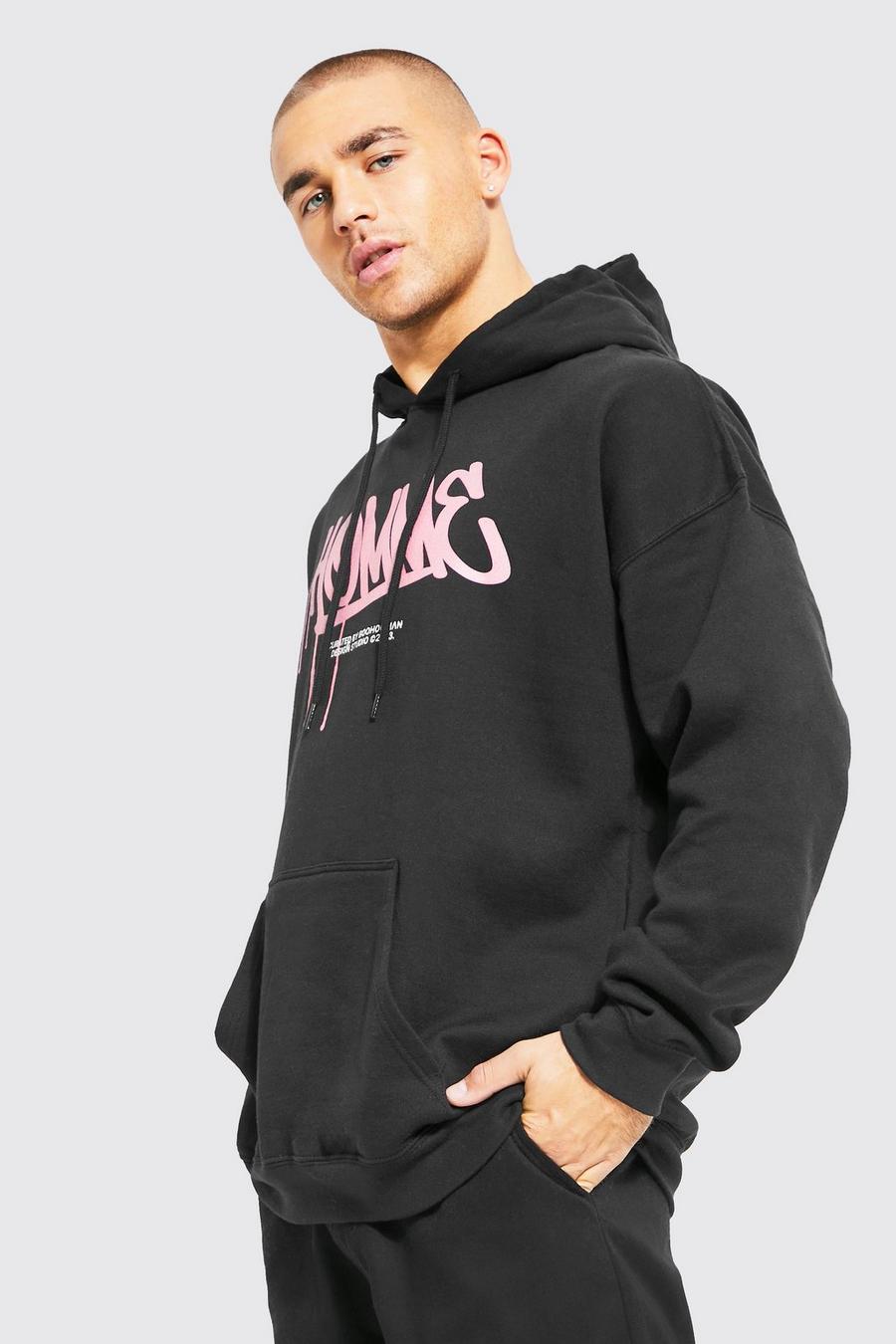 Black Oversized Graffiti Homme Graphic Hoodie image number 1