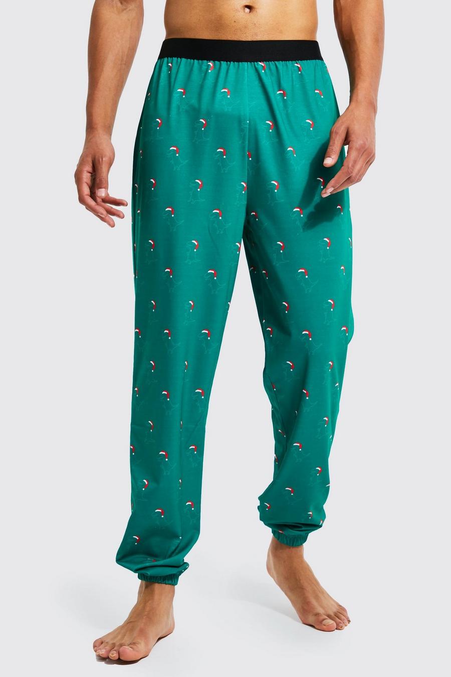 Pantalón deportivo Tall para estar en casa navideño con estampado de dinosaurios, Green image number 1