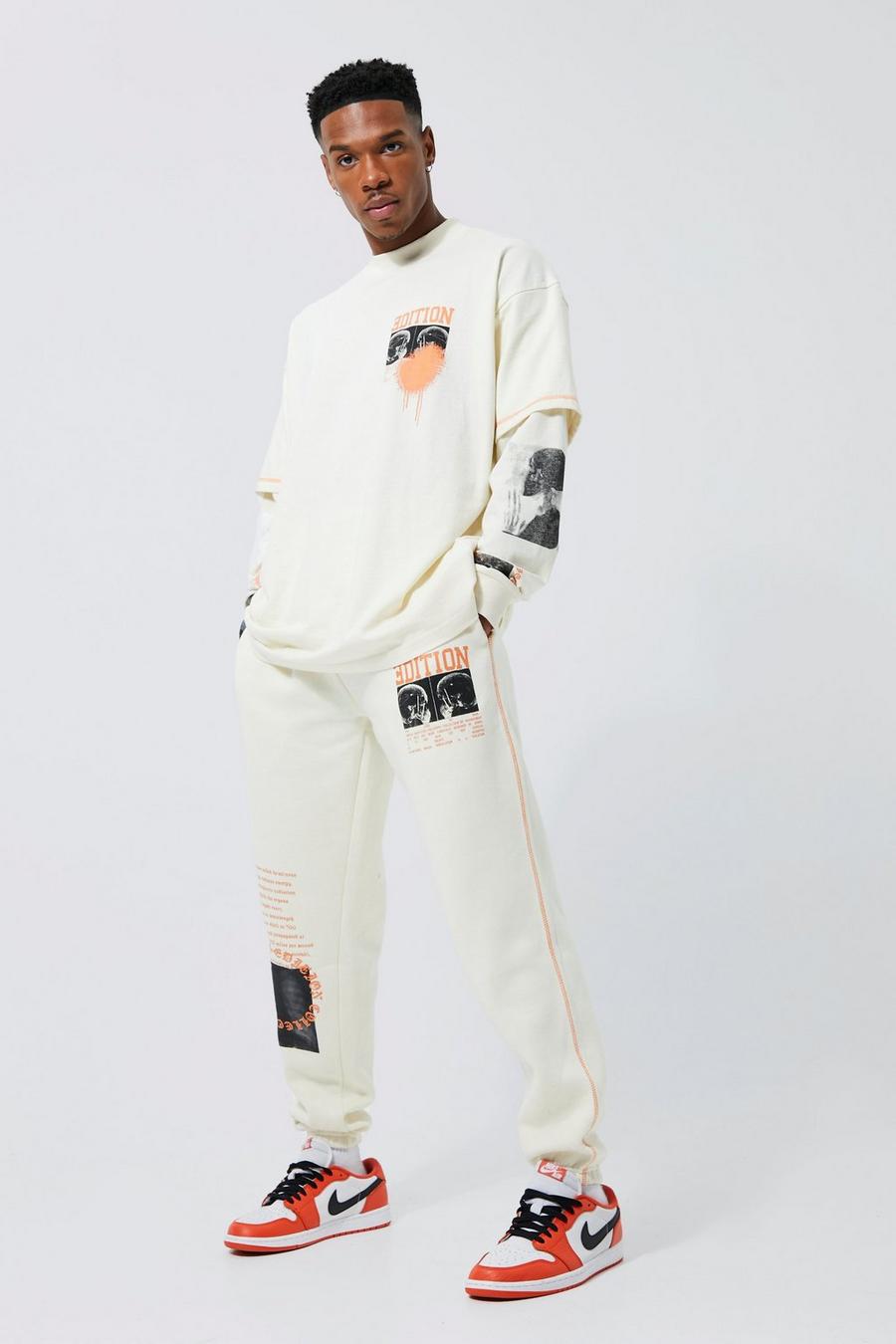 Ecru Oversized Contrast Graphic Faux Layer T-shirt Tracksuit image number 1