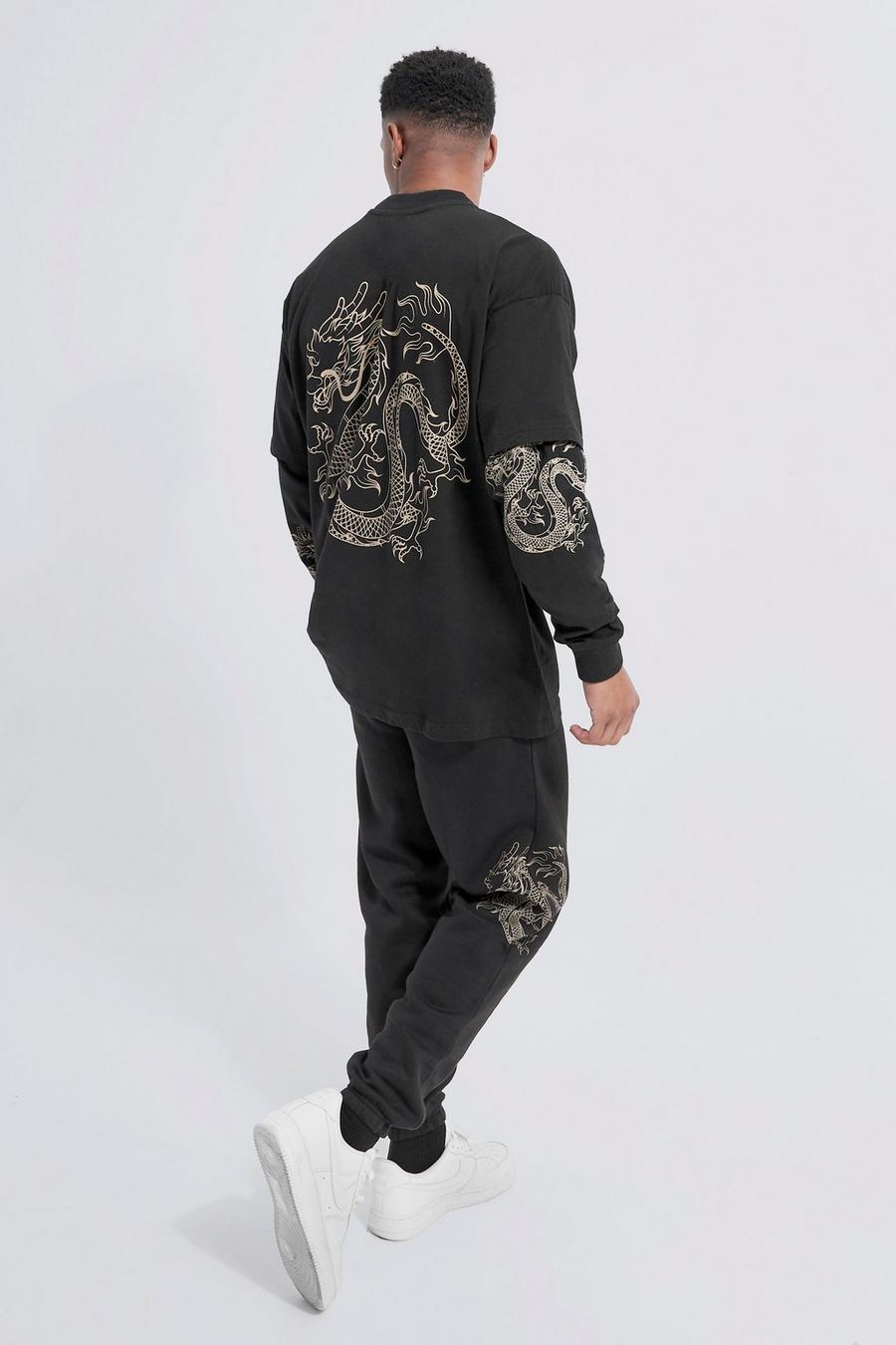 שחור חליפת טרנינג טישרט אוברסייז עם שכבה דמה ועיטור דרקון image number 1