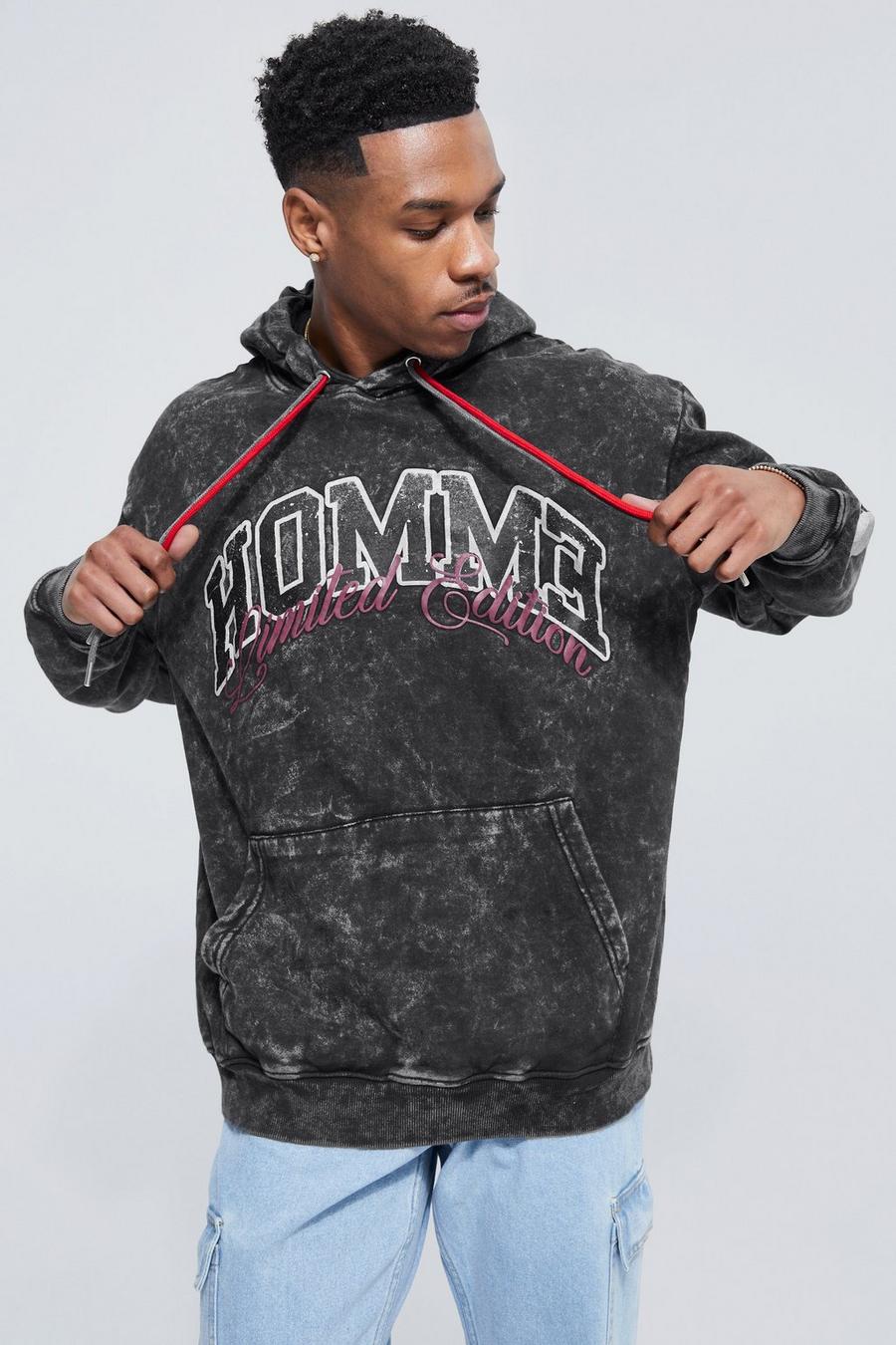 Charcoal Oversized Homme Acid Wash Multi Drawcord Hoodie image number 1