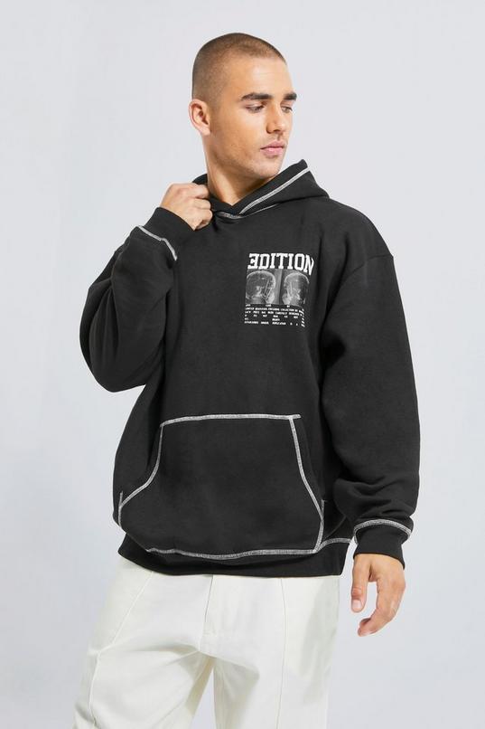 Oversized Contrast Stitch Graphic Hoodie | boohoo