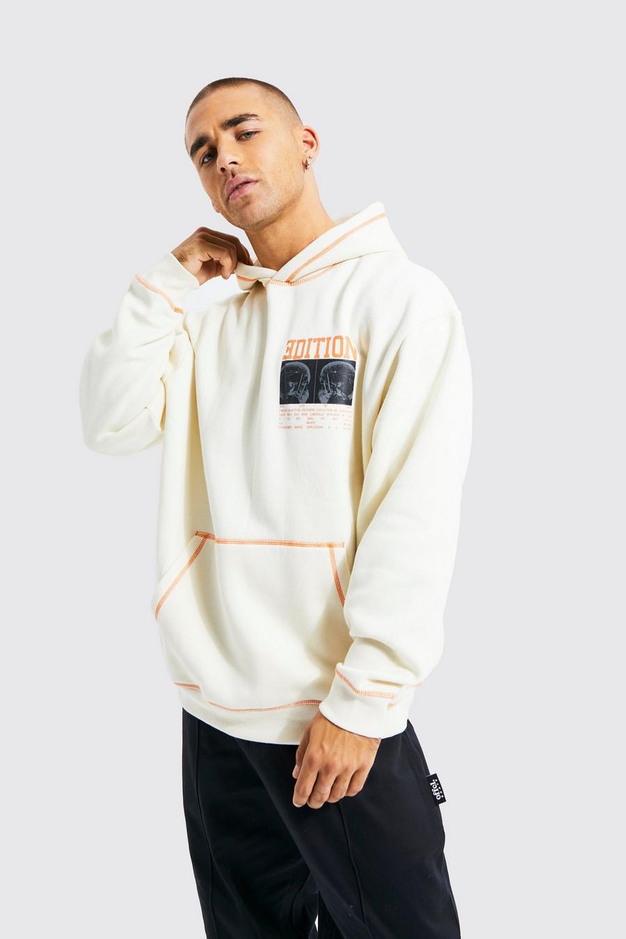 Ecru Oversized Contrast Stitch Graphic Hoodie image number 1