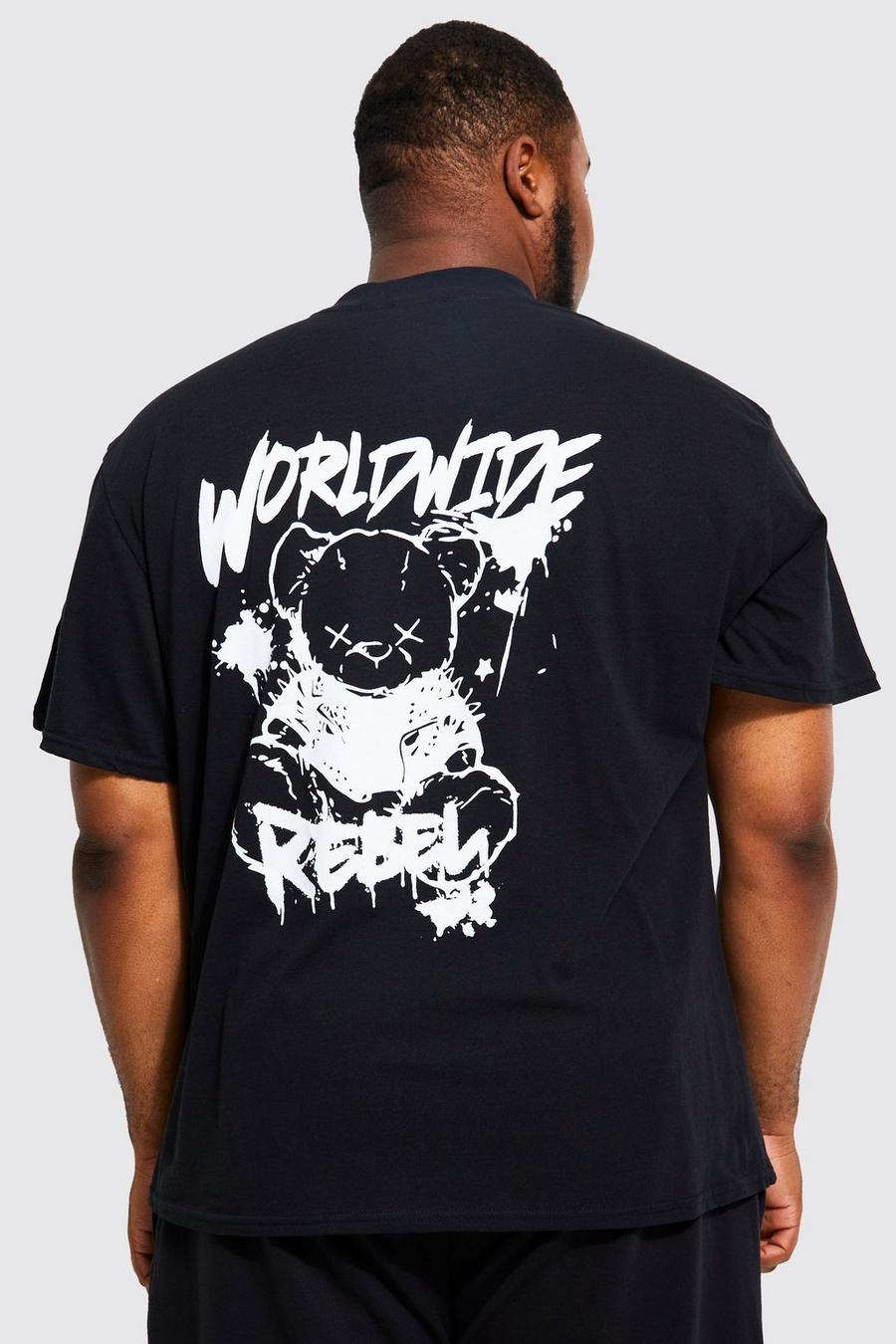 Black noir Plus Oversized Graffiti Teddy T-Shirt Met Rugopdruk