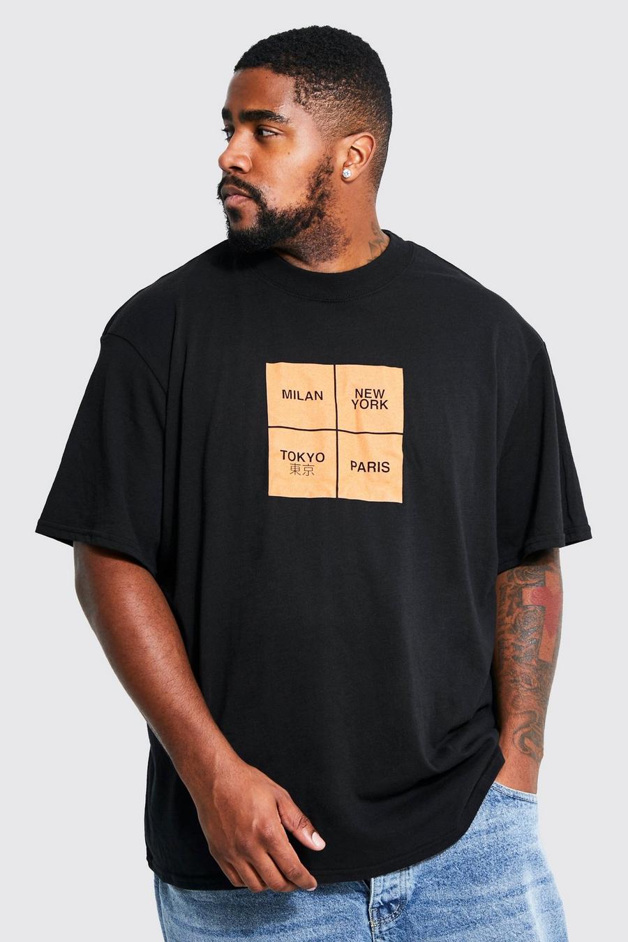 T-shirt Plus Size con stampa città e girocollo esteso, Black negro