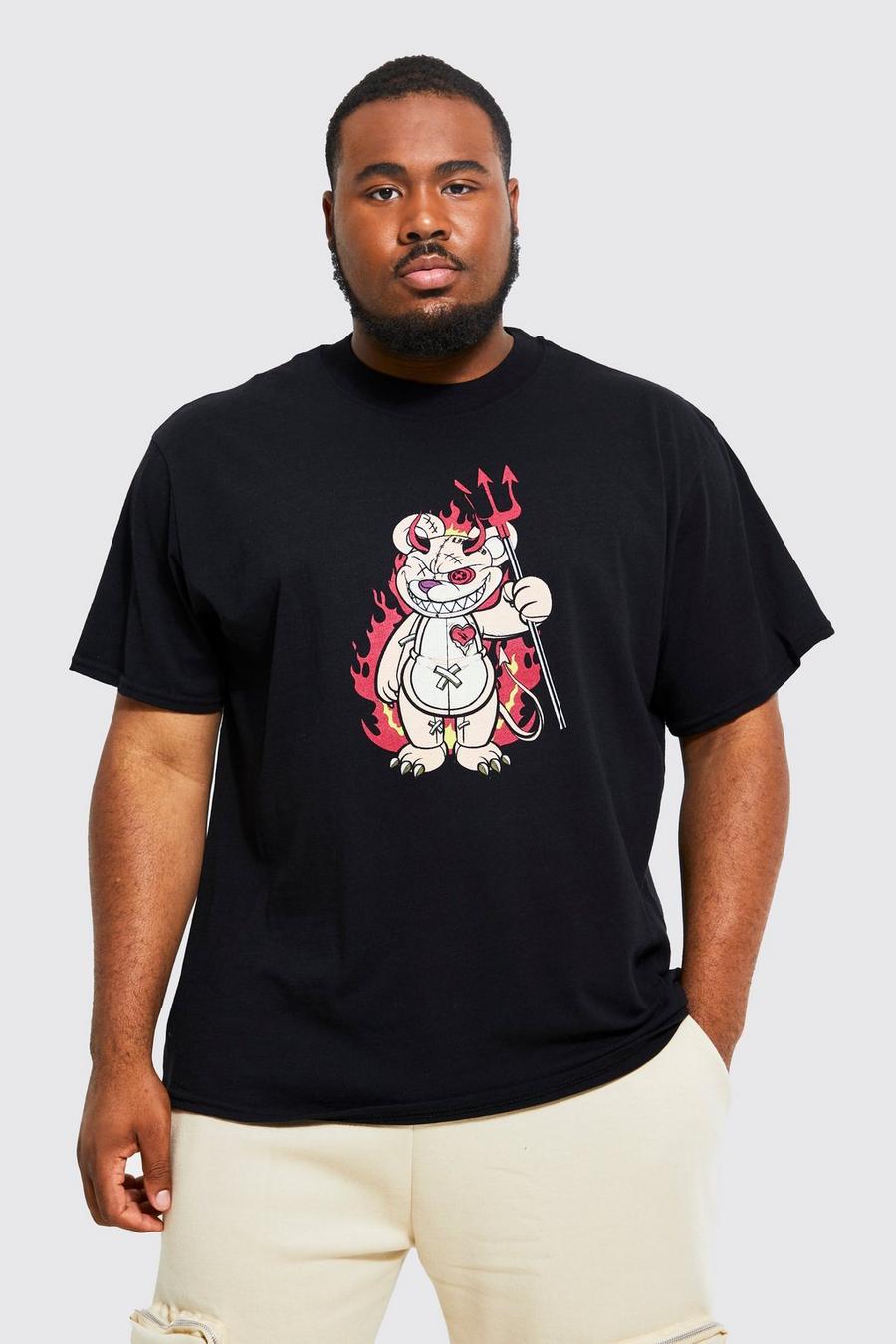 Black Plus Oversized Angry Teddy Print T-shirt image number 1