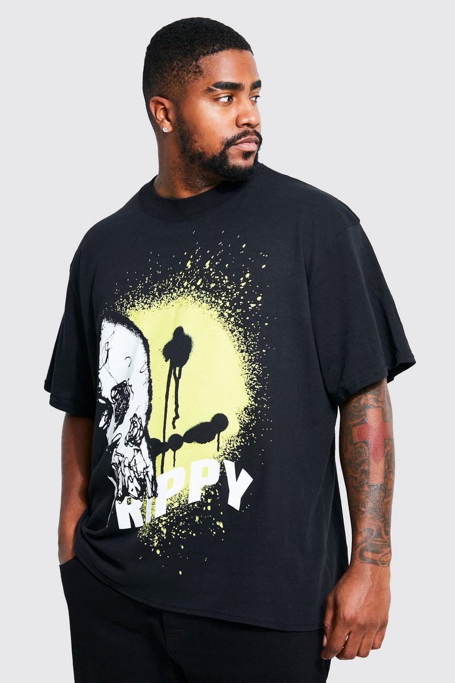 T-shirt Plus Size oversize con grafica psichedelica effetto patchwork, Black negro