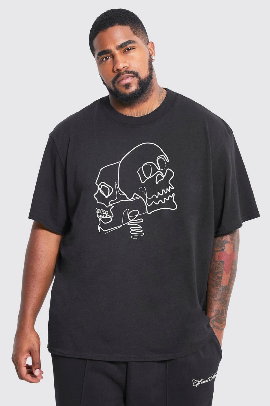 Black Plus Line Drawing Skull Print T-shirt image number 1
