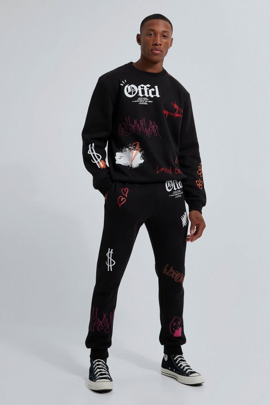 שחור negro חליפת טרנינג של סווטשירט עם כיתוב Offcl גרפיטי image number 1