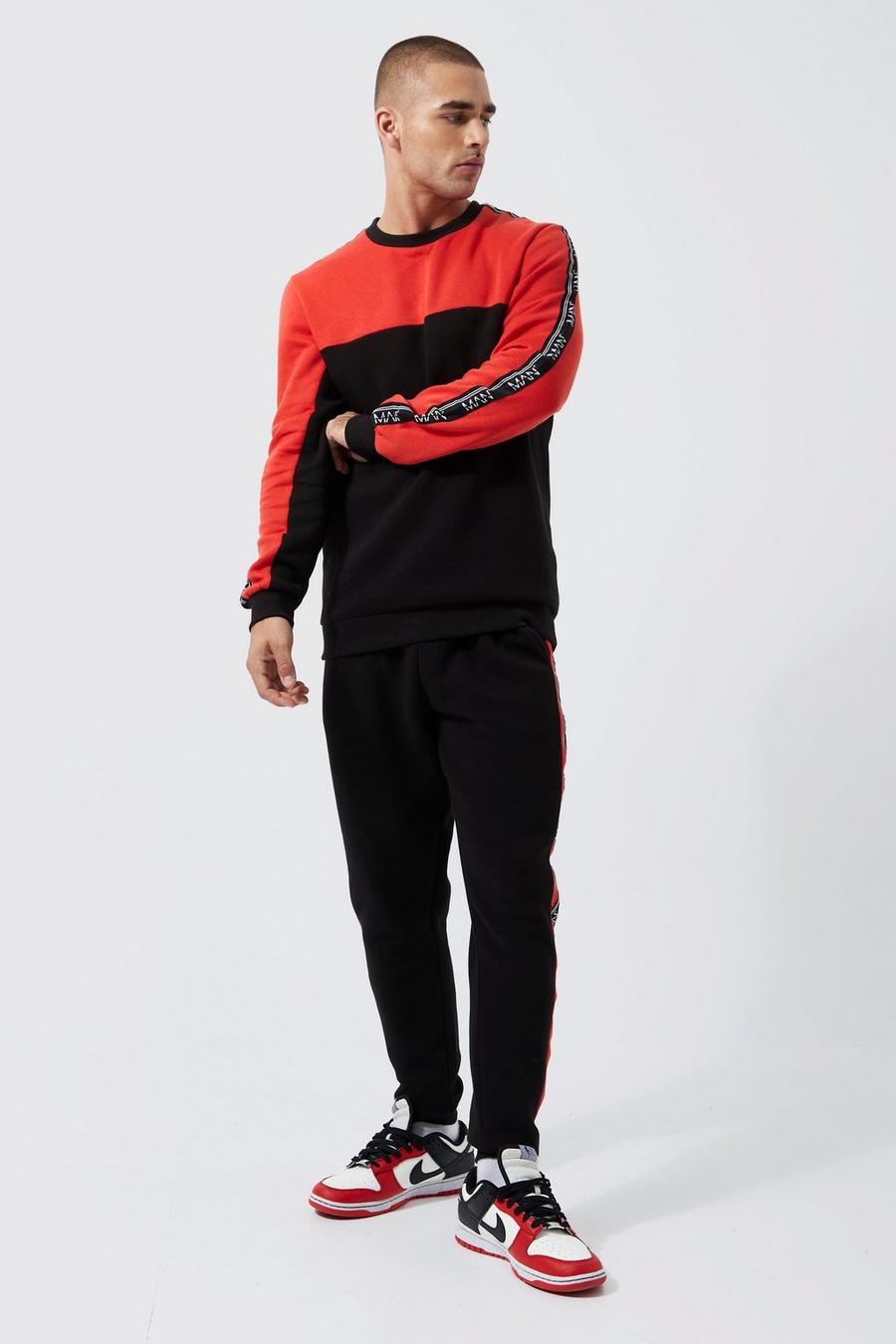 Black Man Colour Block Sweater Tracksuit With Tape image number 1