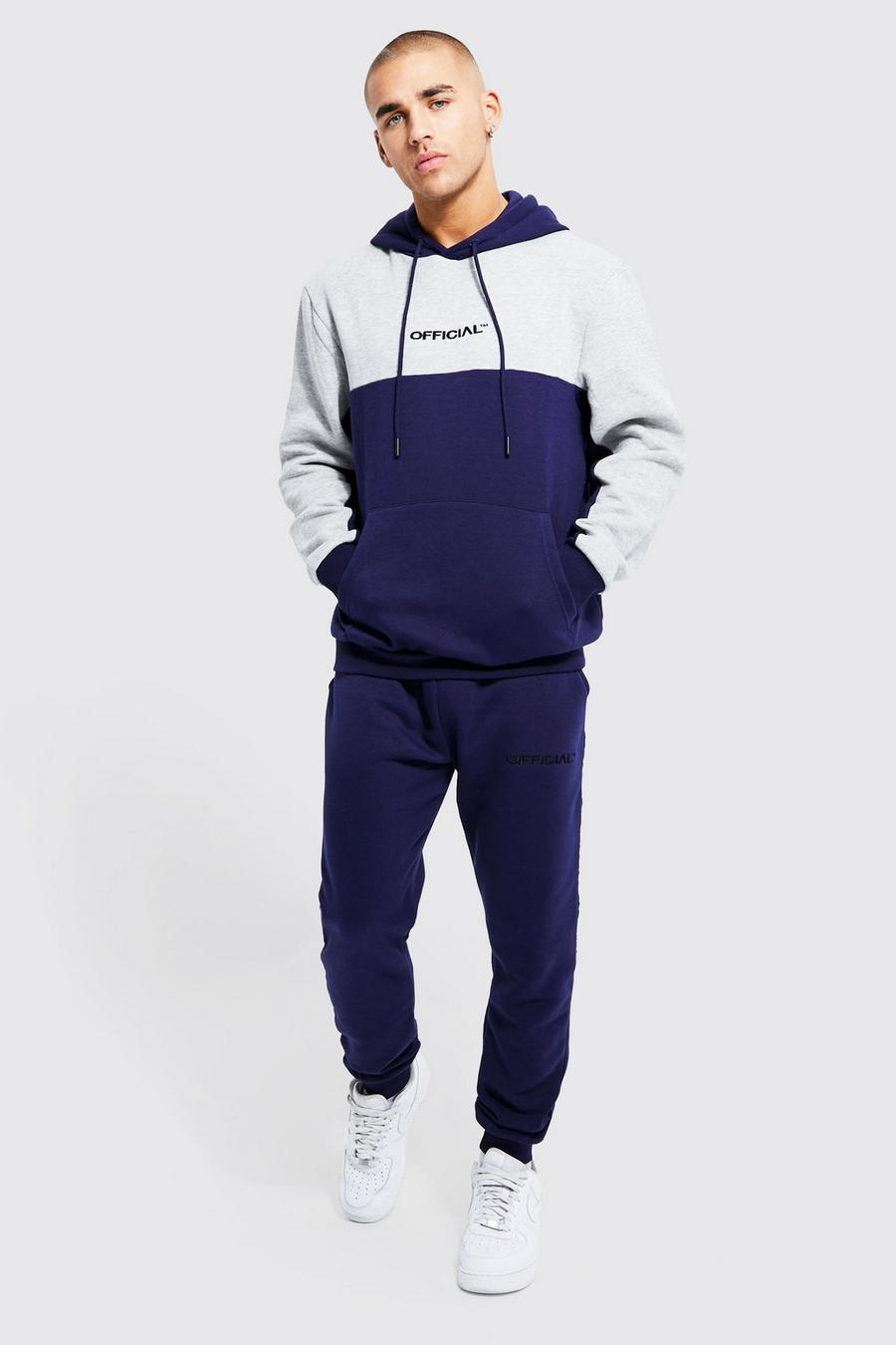 Navy marine Official Colour Block Hooded Tracksuit With Tape