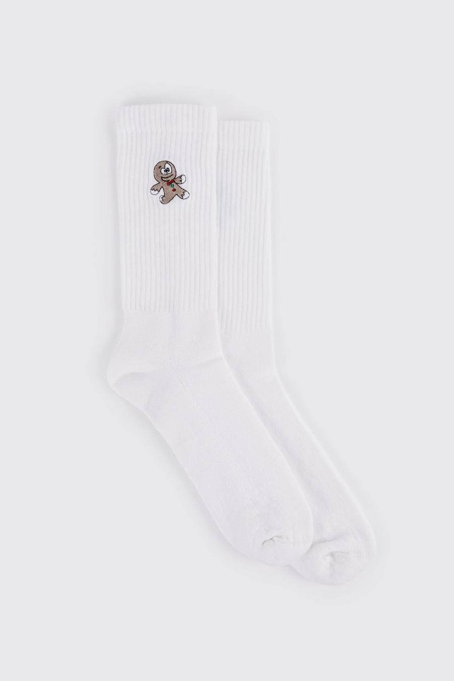 White Christmas Embroidered Gingerbread Man Tube Sock image number 1